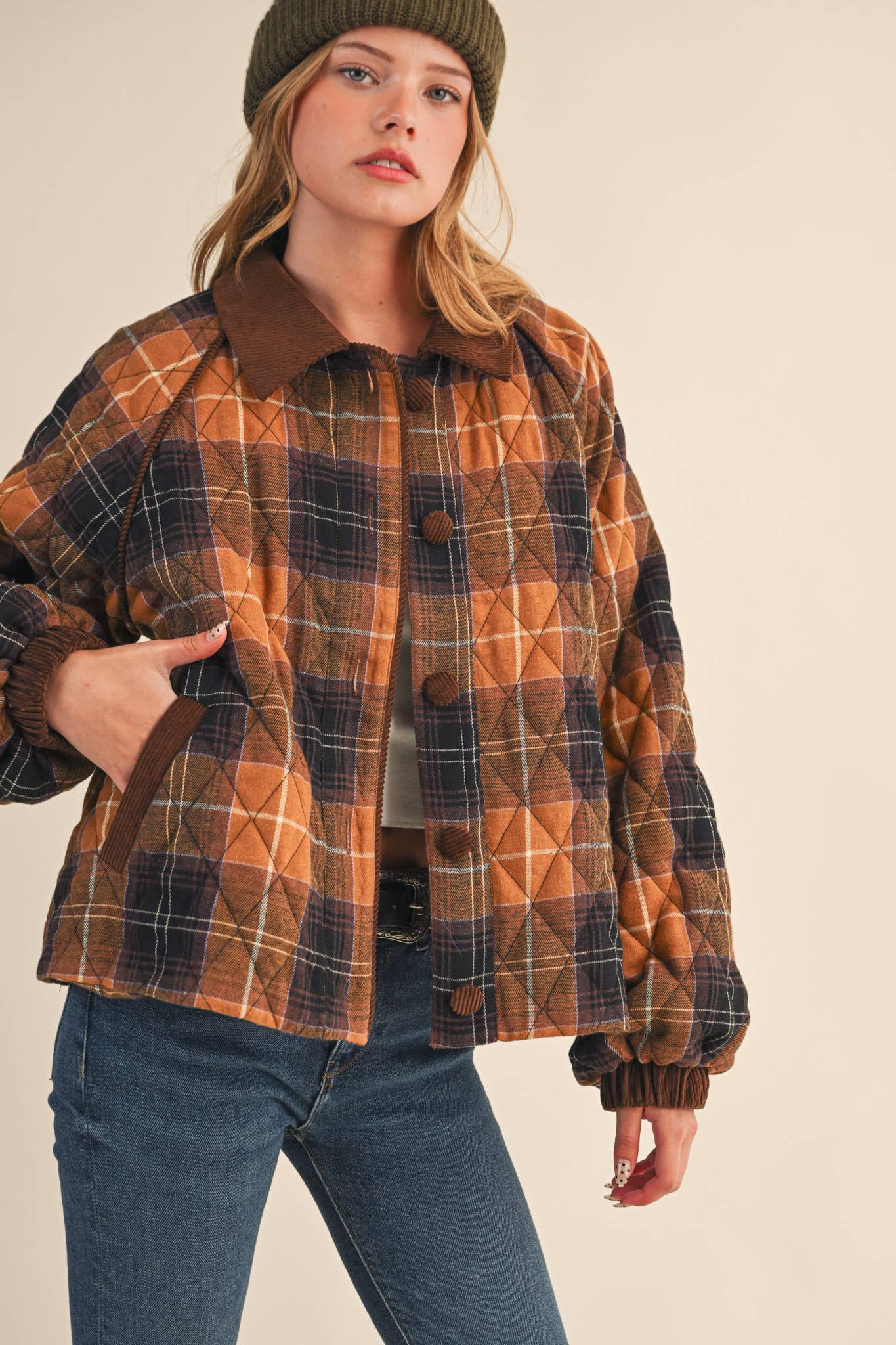 PLAID QUILTED JACKET WITH CONTRAST CORDUROY DETAIL MJK4115