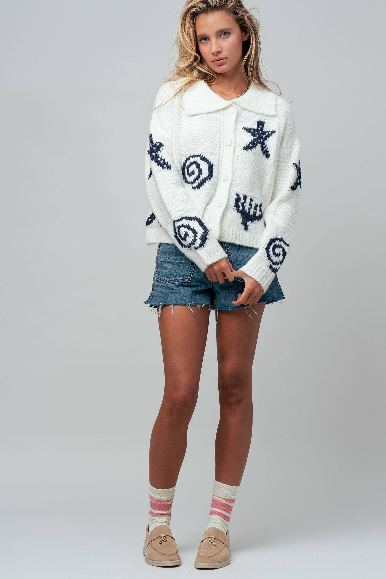 Nautical Sea Life Motif Collared Cardigan
