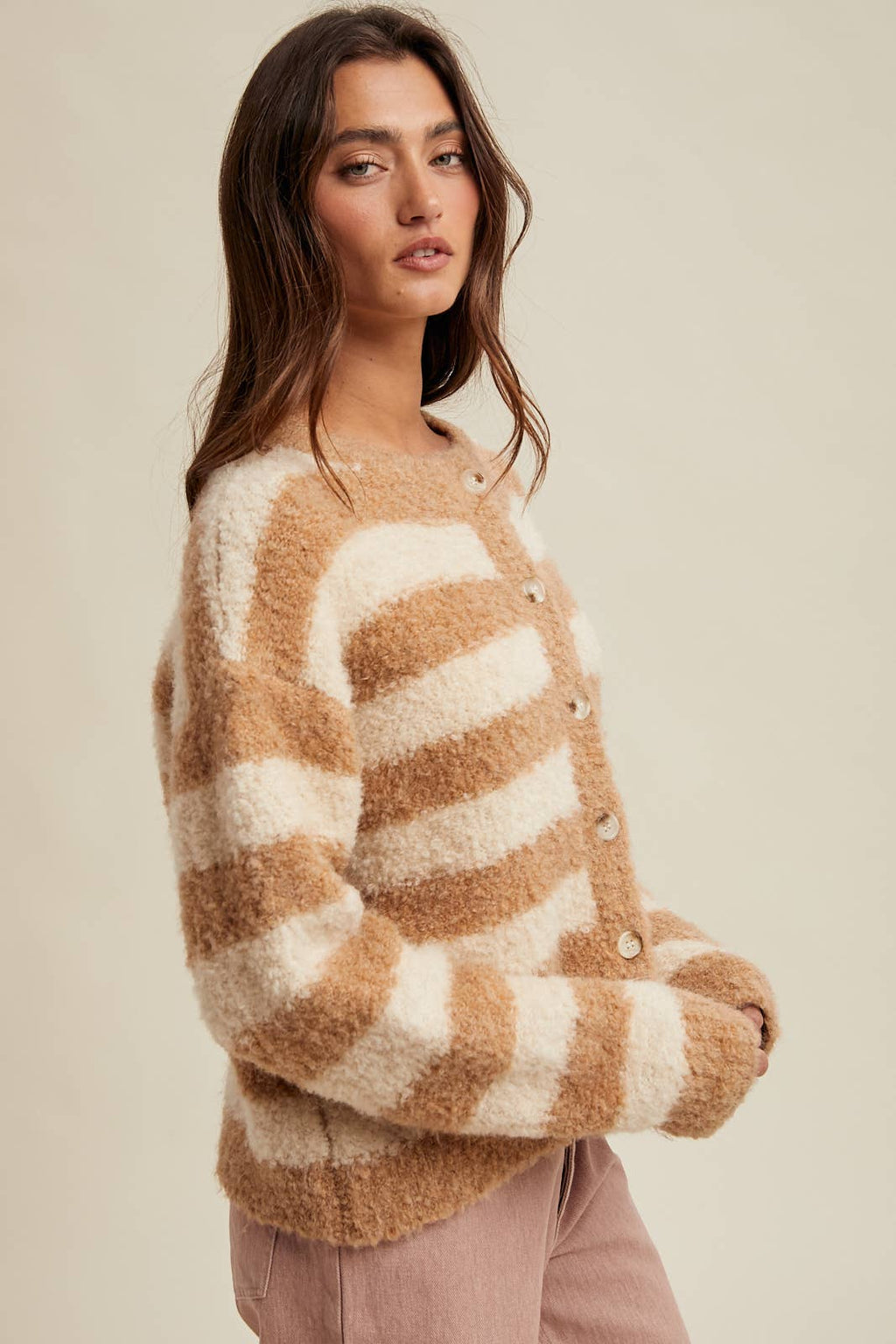 BRUSHED STRIPED BUTTON-UP CARDIGAN