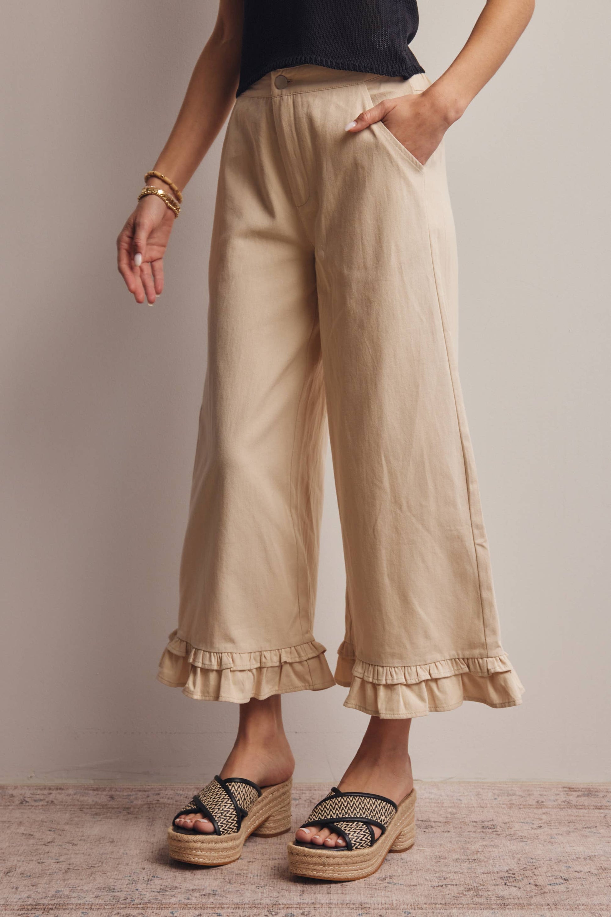 Ruffle Hem Wide-Leg Pants