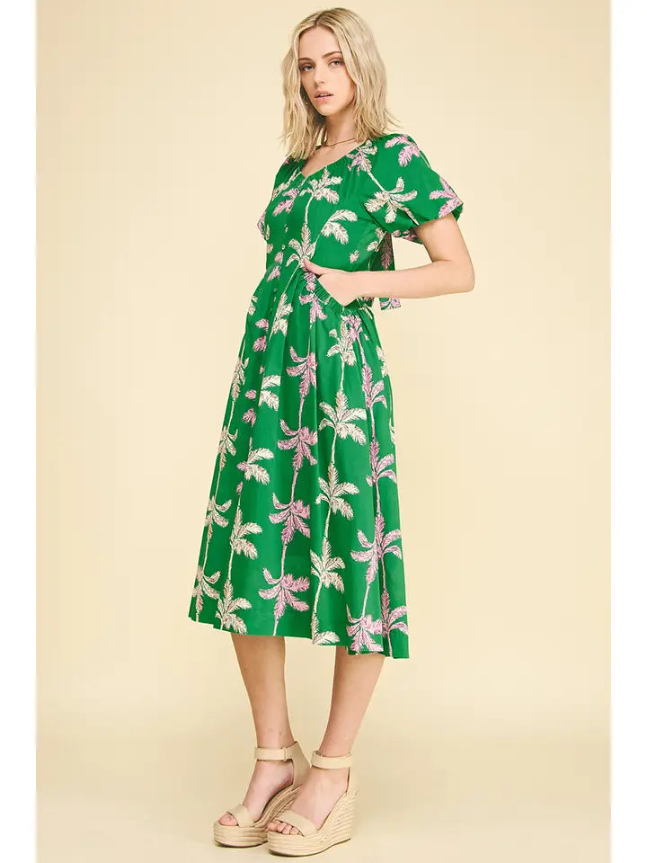 palm tree midi dress Palm Tree Eyelet Embroidery Shirred Cotton Midi Dress for Garden Tea & Afternoon Gathering green M