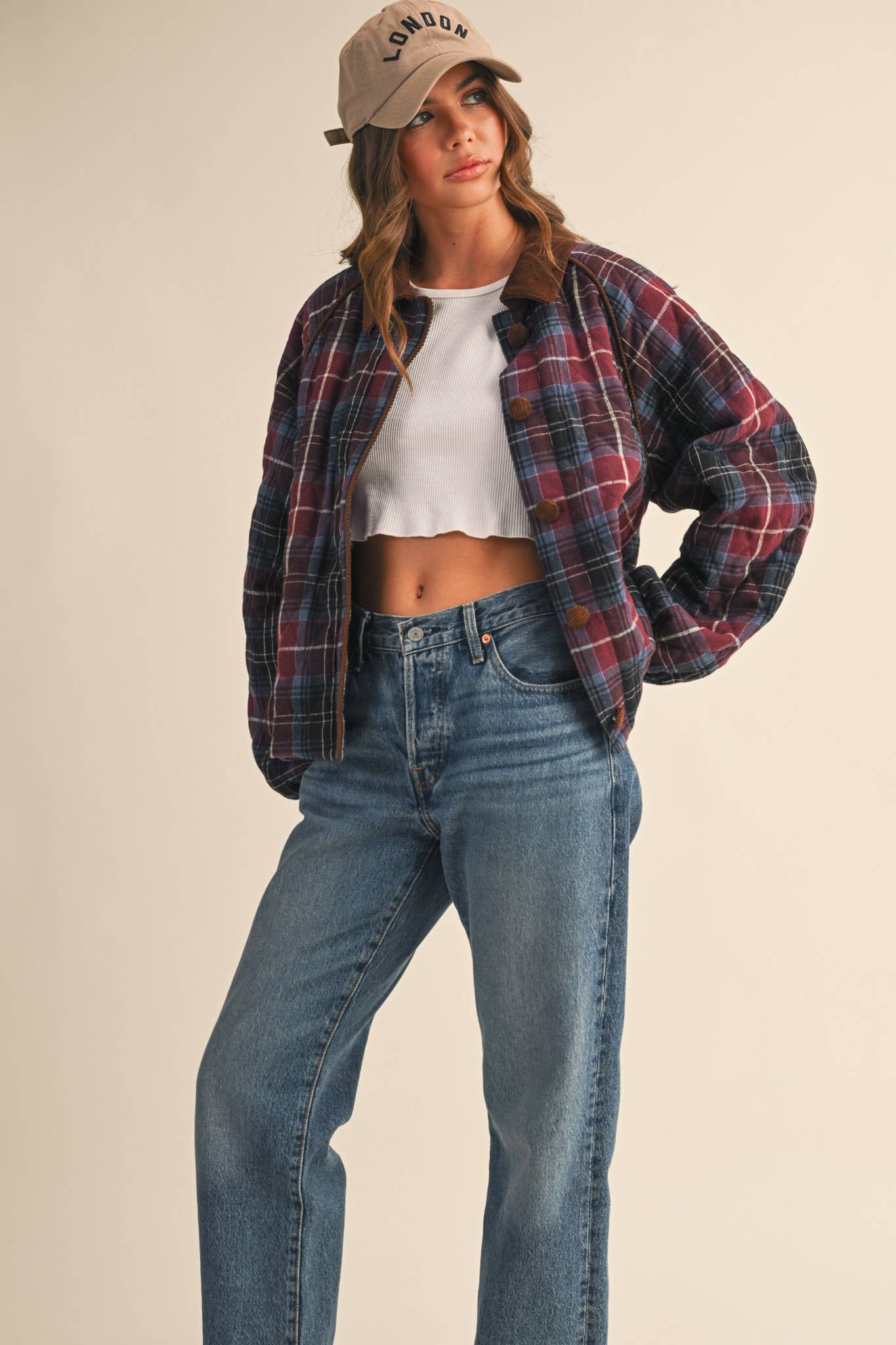 PLAID QUILTED JACKET WITH CONTRAST CORDUROY DETAIL MJK4115