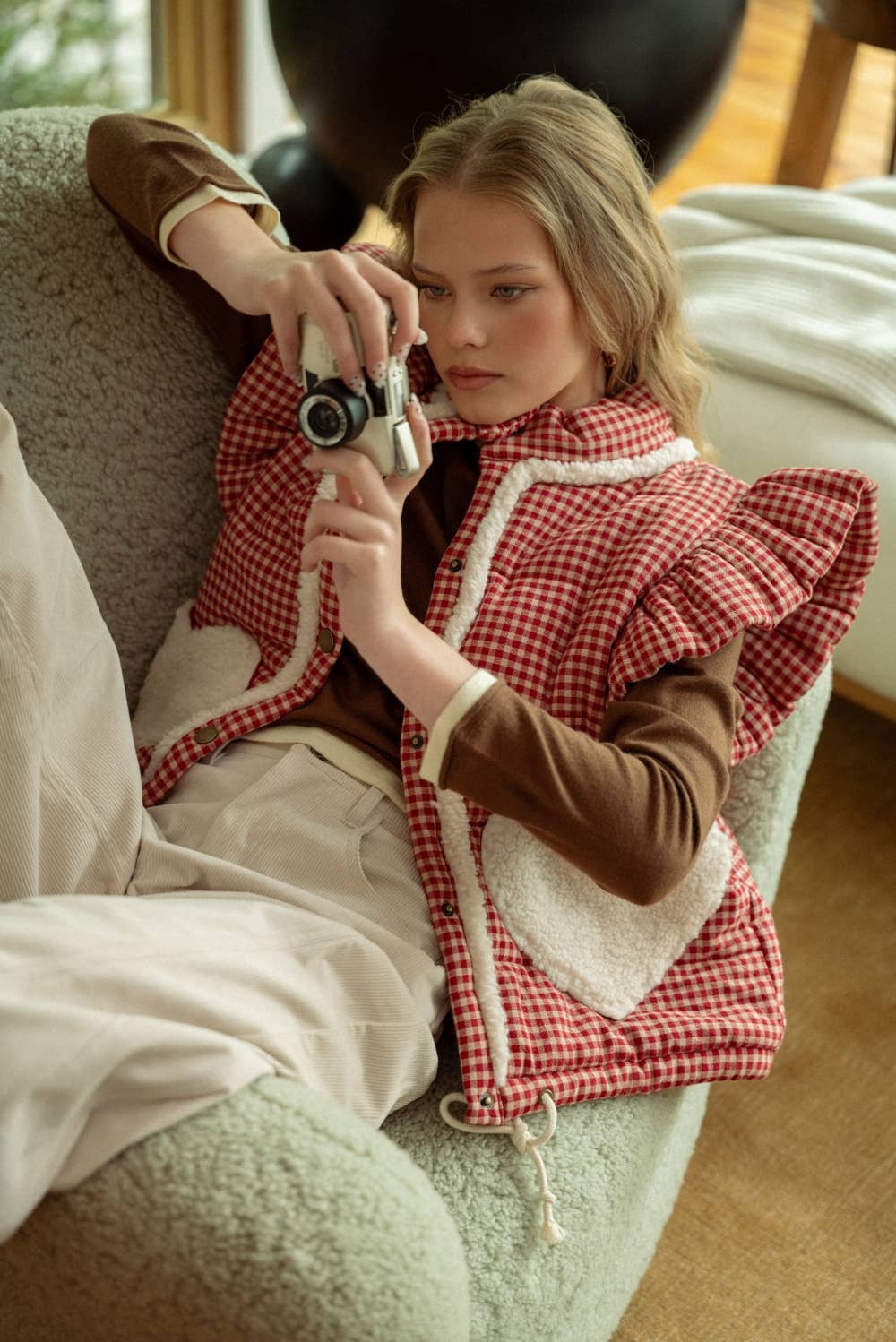 GINGHAM PATTERN SHERPA POCKET VEST