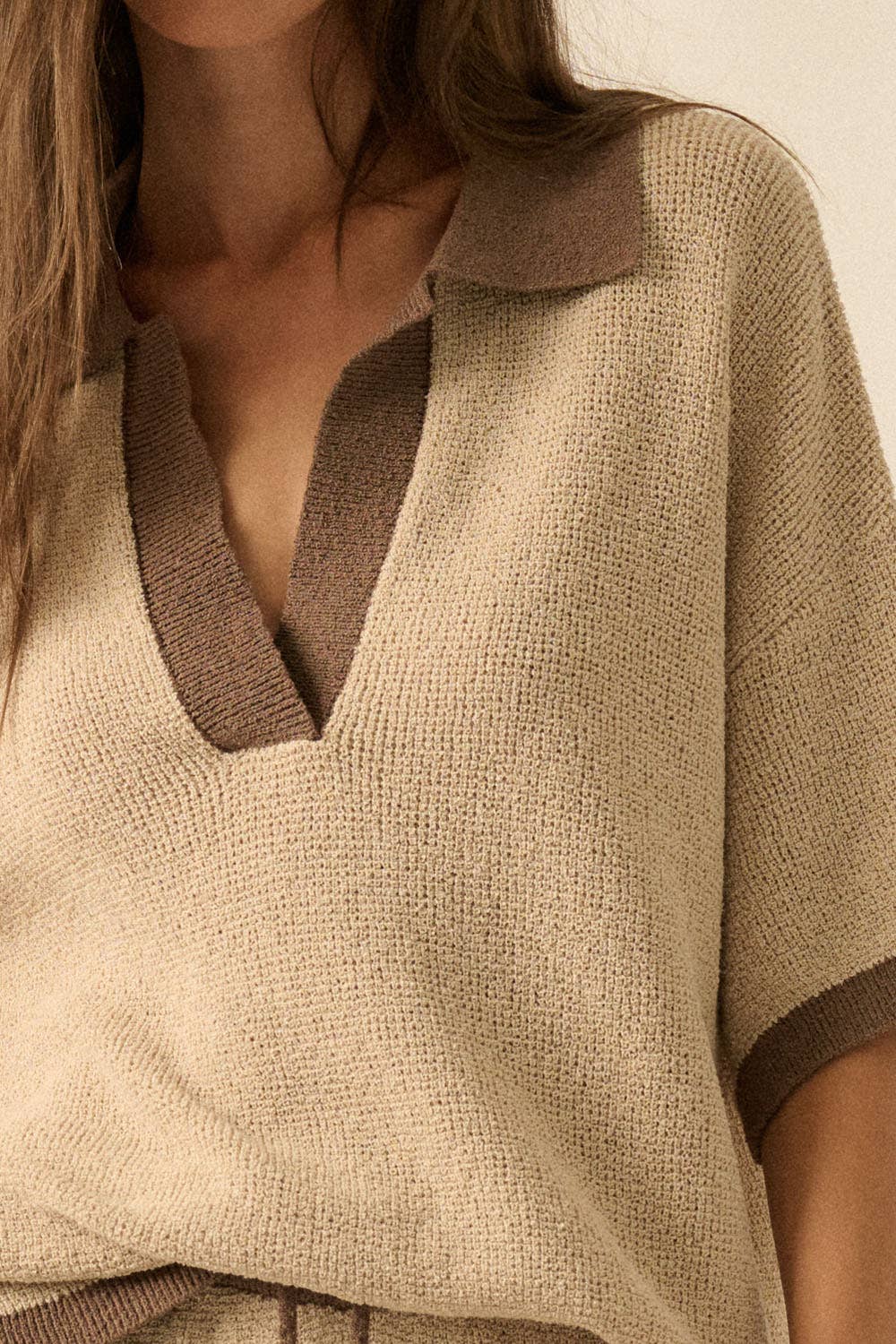 Solid Knit Contrast Short-Sleeve Polo Sweater