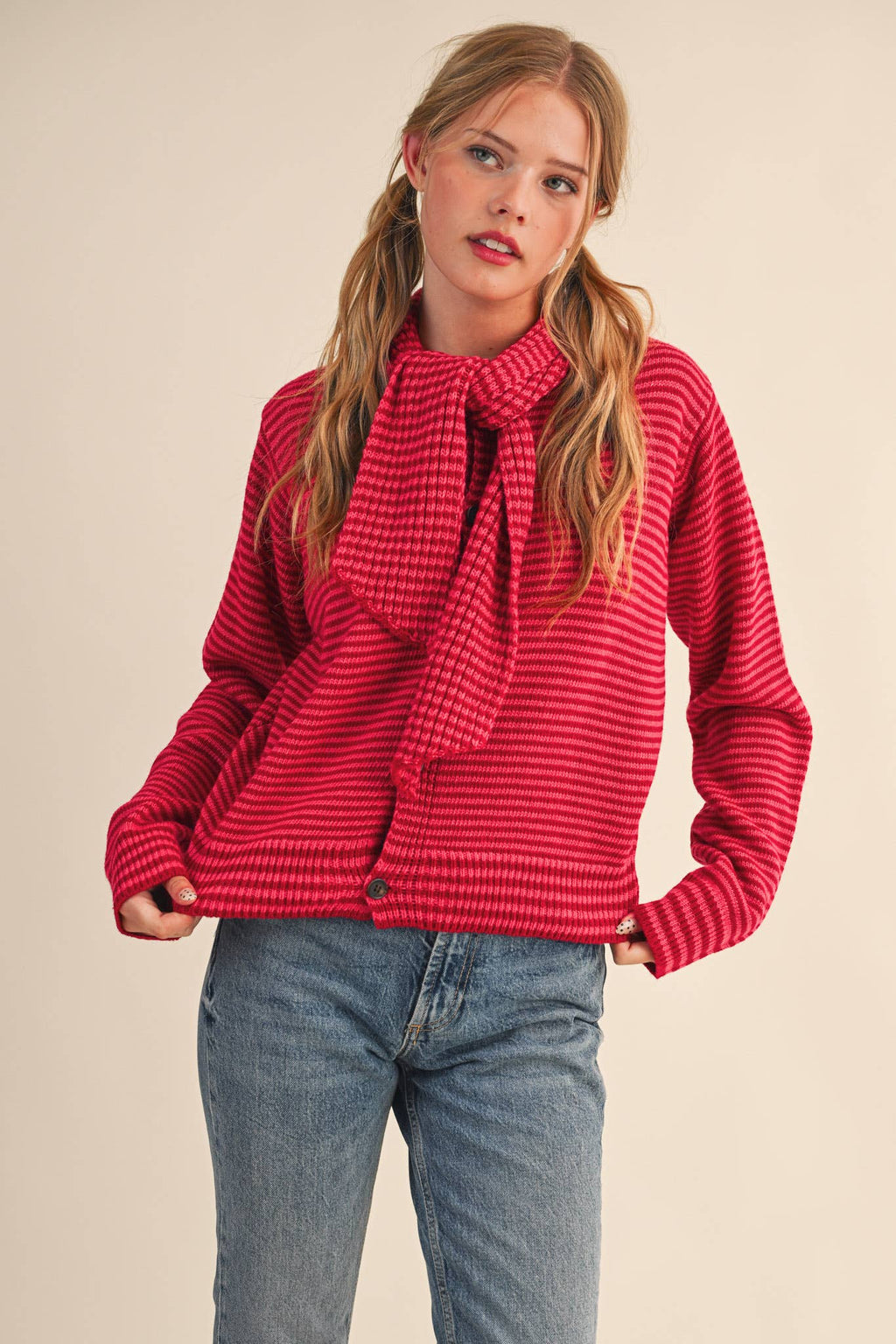 STRIPED TYING NECK SWEATER CARDIGAN MSW11125