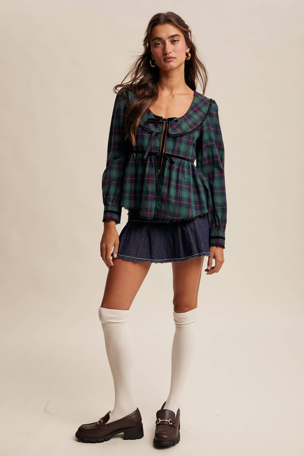 Plaid Velvet Trim Holiday Blouse LT1446
