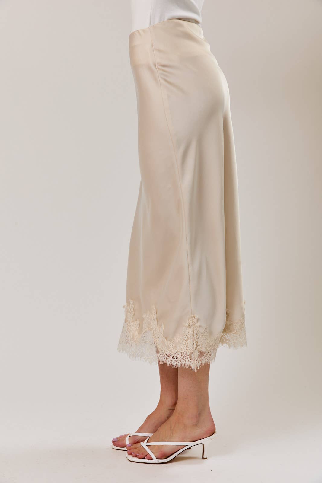 LACE APPLIQUE SATIN BIAS MIDI SKIRT