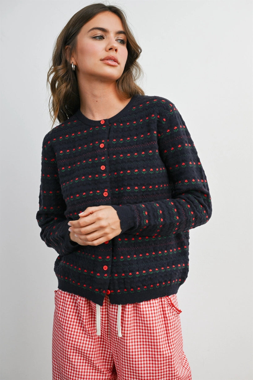 Navy Floral Button-Front Cardigan