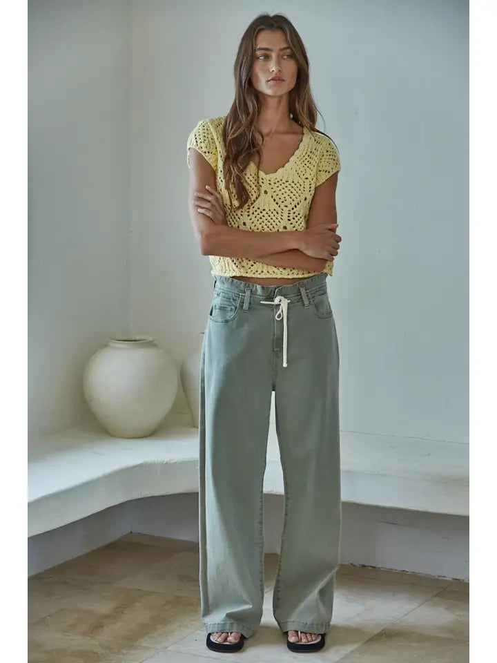 KNIT SWEATER COTTON CROCHET V-NECK CAP SLEEVE TOP