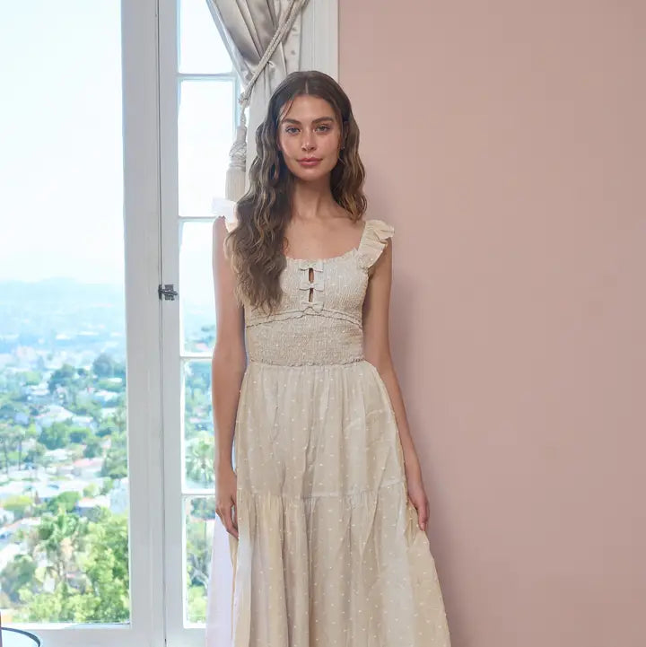 Clip Dot Ruffle Detail Smocked Midi Dress