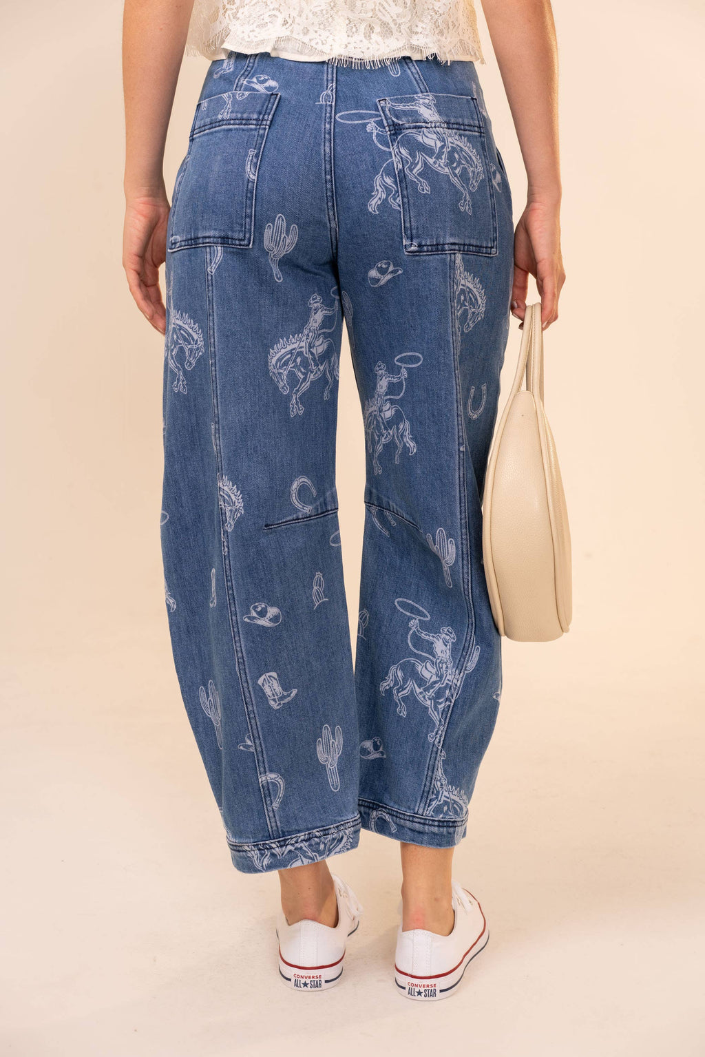 Western Print Barrel Leg Denim Jean