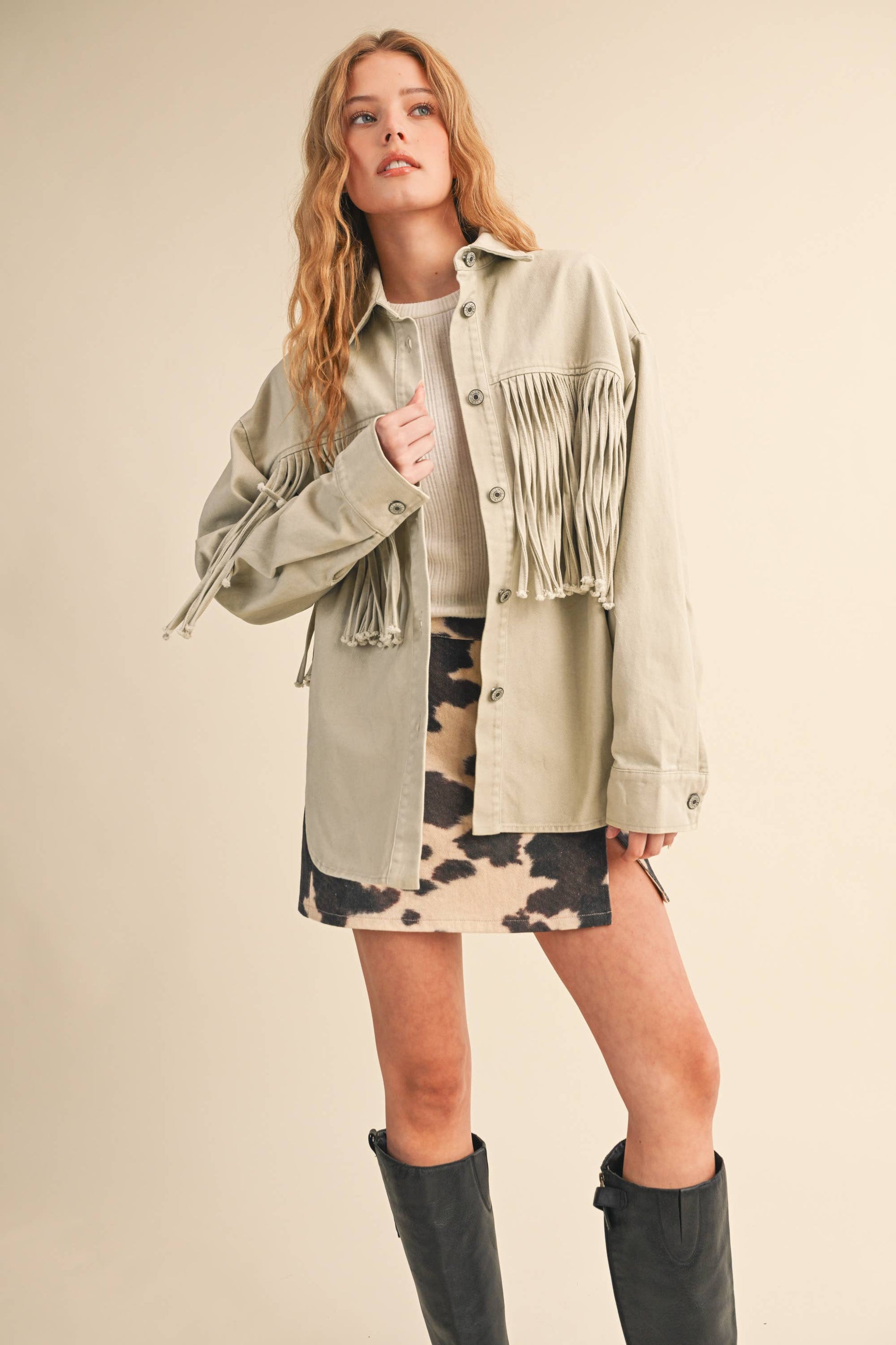 FRINGE DENIM BUTTON DOWN JACKET
