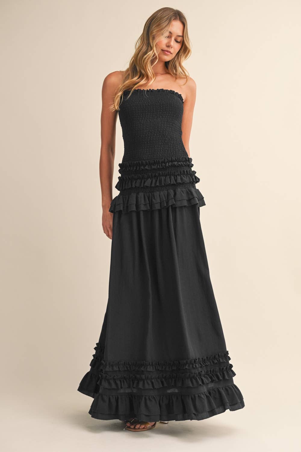 RUFFLED SMOCKED LOW WAIST MAXI DRESS