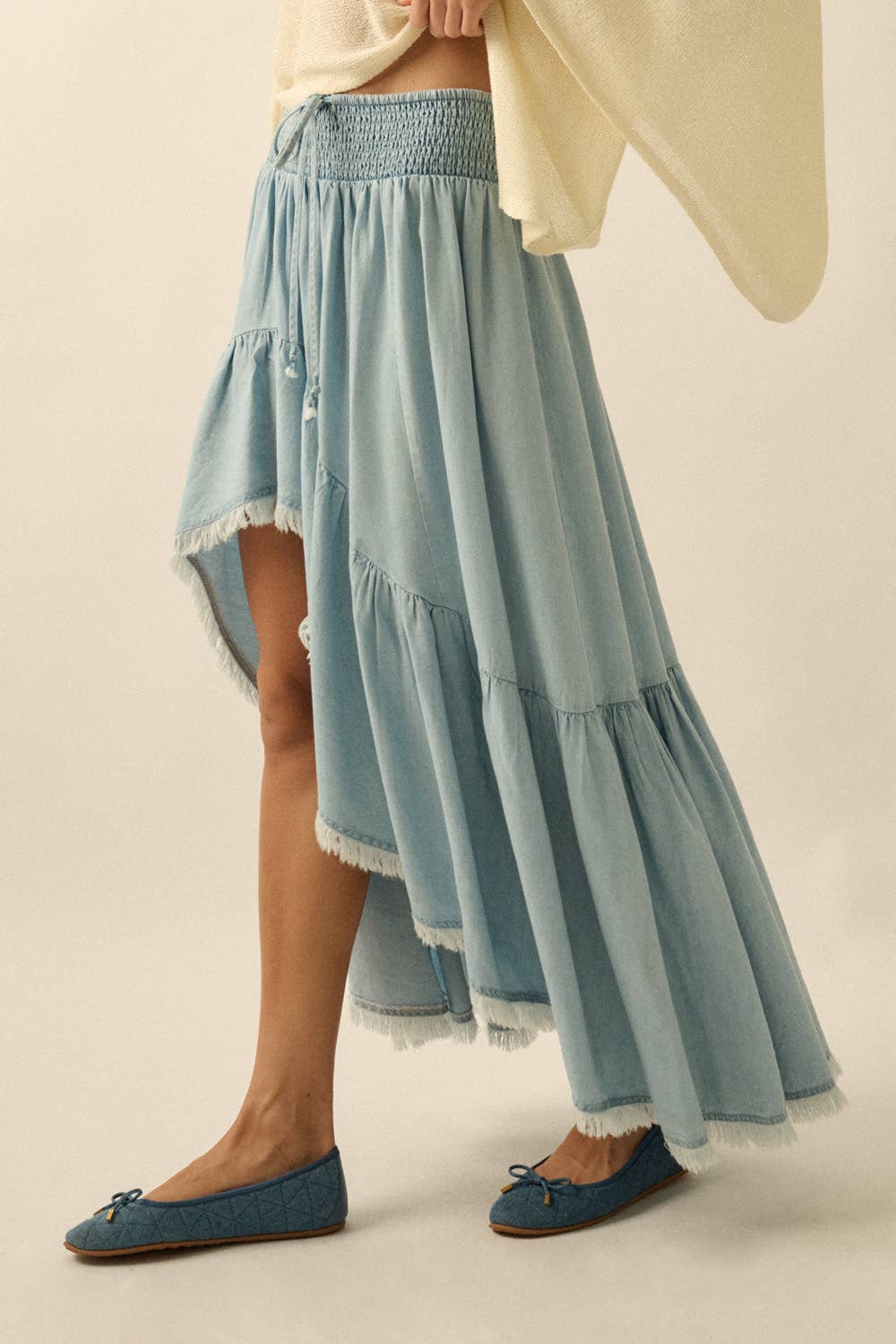 Tencel Denim High-Low Tiered Ruffle Maxi Skirt