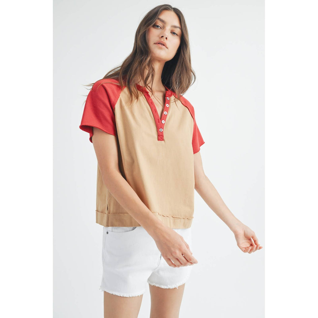 SHORT SLEEVE CONTRAST KNIT TOP / WL24-9494