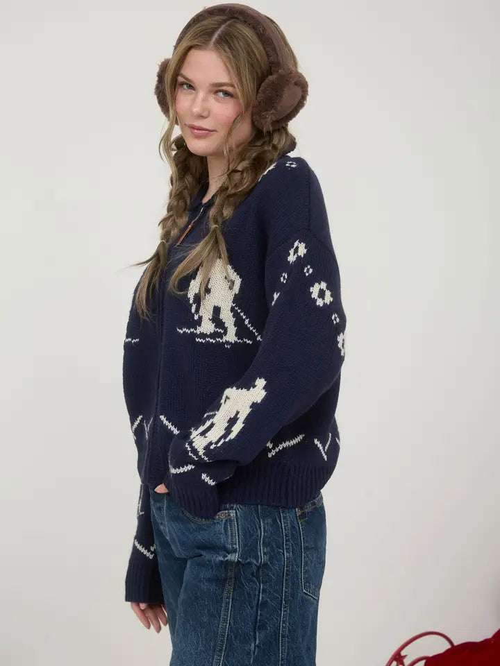 SKI PATTERN SHAWL COLLAR ZIP UP KNIT CARDIGAN