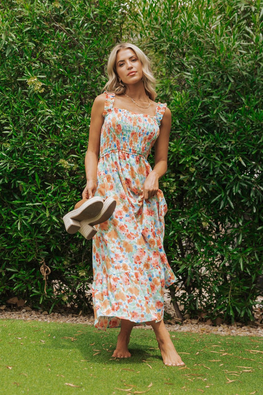 Caribbean Green Floral Smocked Maxi Dress-FINAL SALE