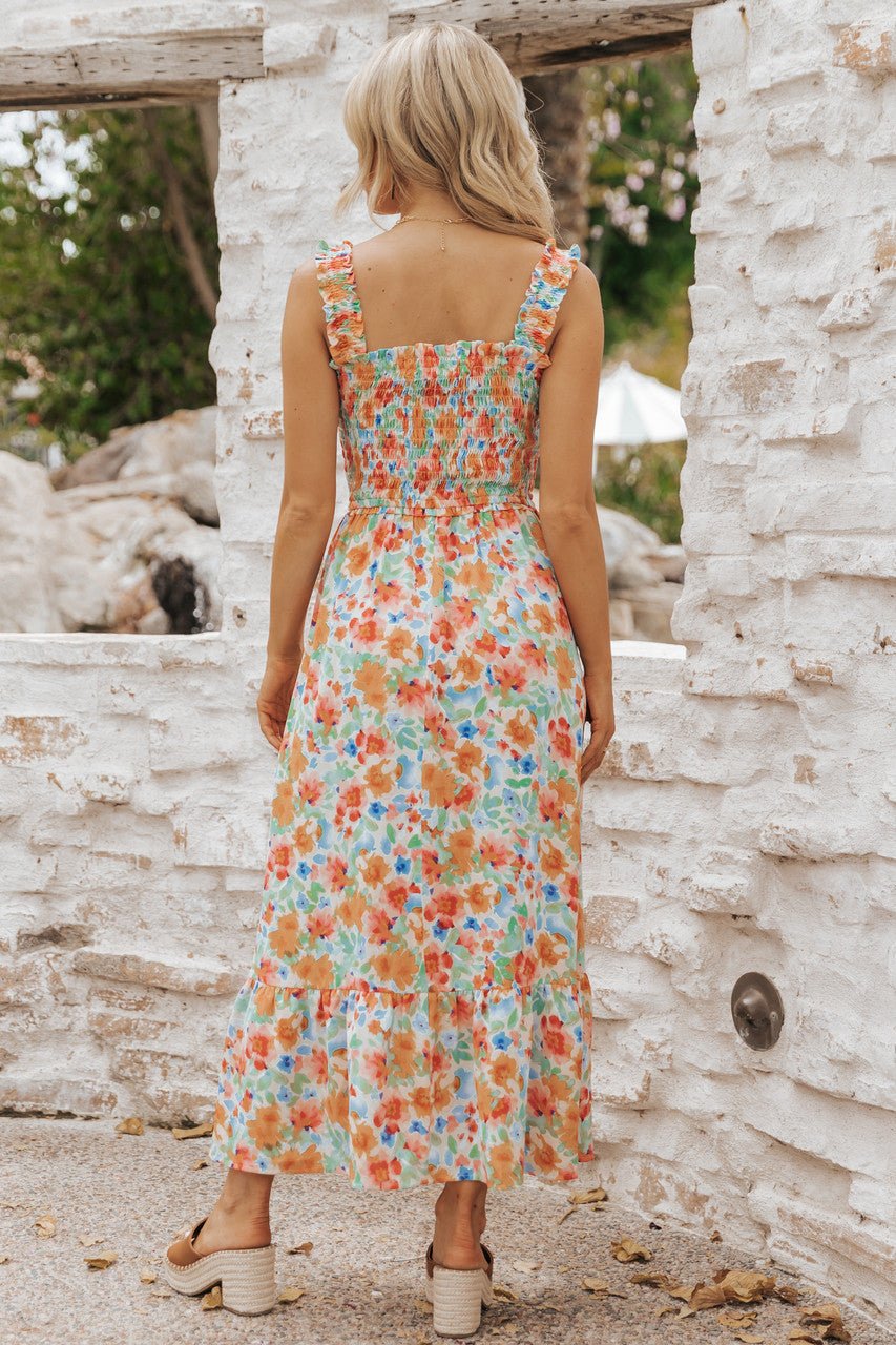 Caribbean Green Floral Smocked Maxi Dress-FINAL SALE