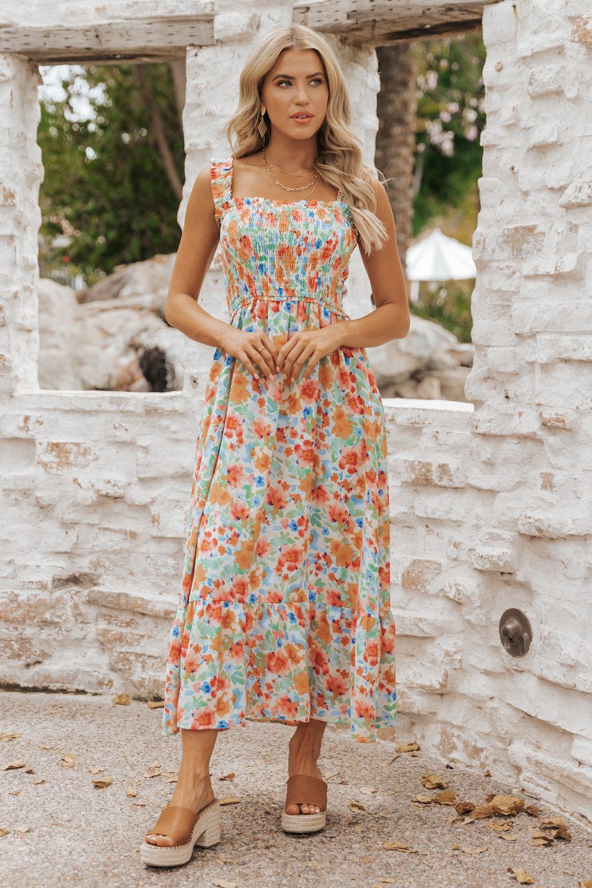 Caribbean Green Floral Smocked Maxi Dress-FINAL SALE