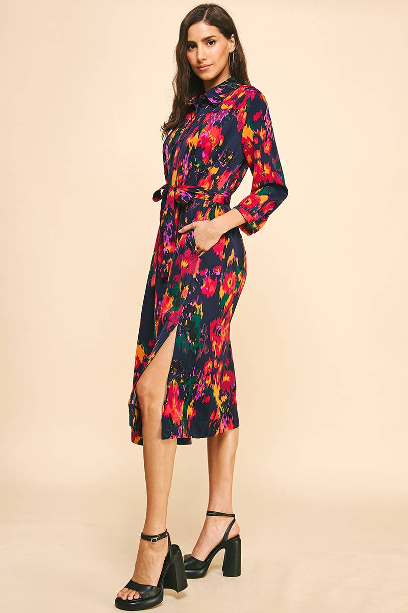 BUTTON DOWN MIDI DRESS - INK MULTI