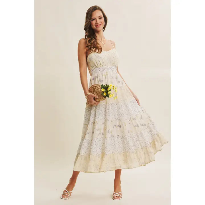 MEADOW INSPIRED MIXED FLORAL BOW BACK FLARE MIDI DRESS