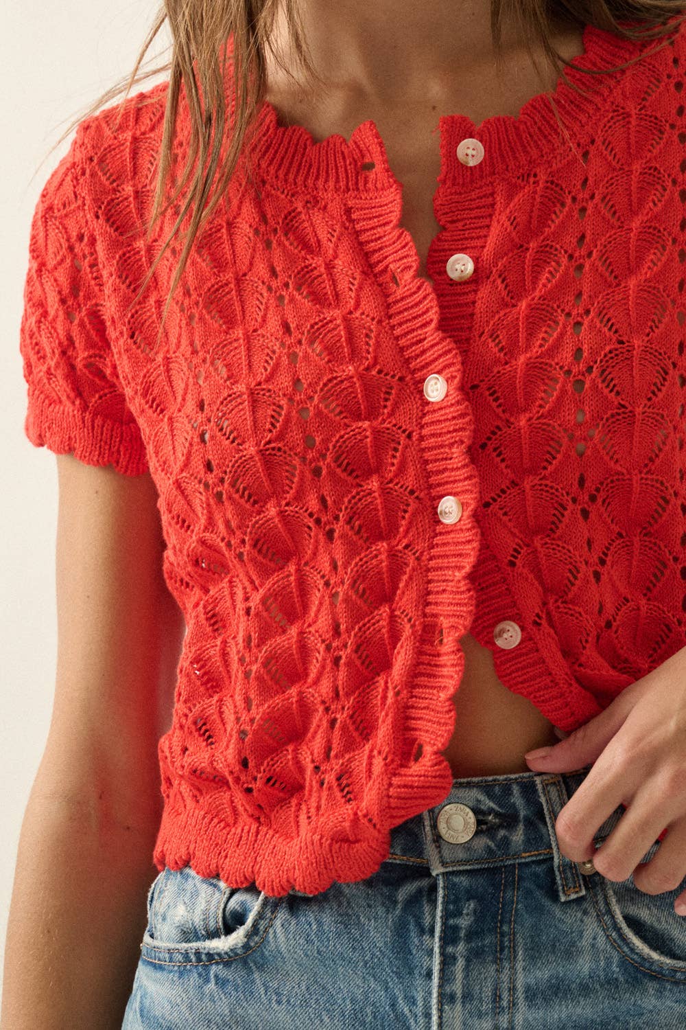 Pointelle Crochet-Knit Buttoned Short Sleeve Cardigan Top