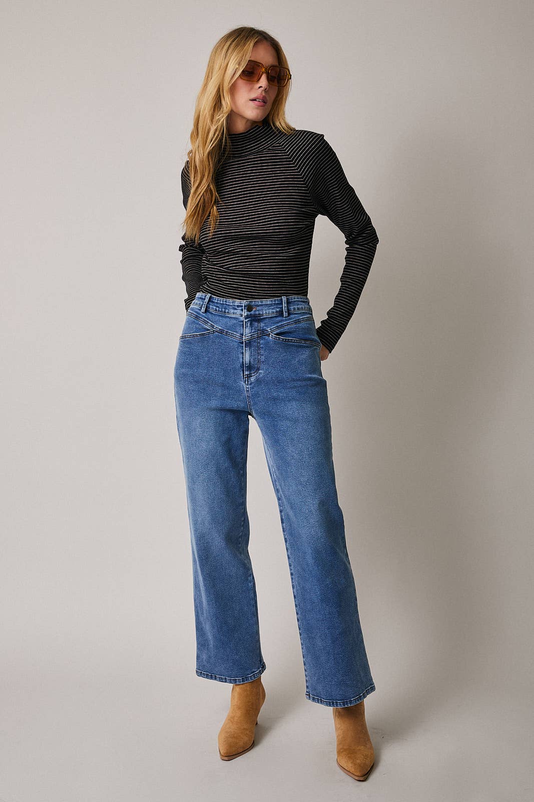 MOCK NECK RAGLAN LONG SLEEVE STRIPE KNIT TOP