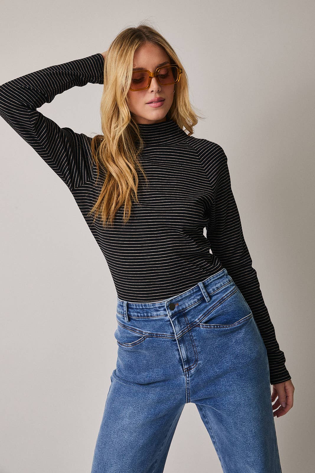 MOCK NECK RAGLAN LONG SLEEVE STRIPE KNIT TOP