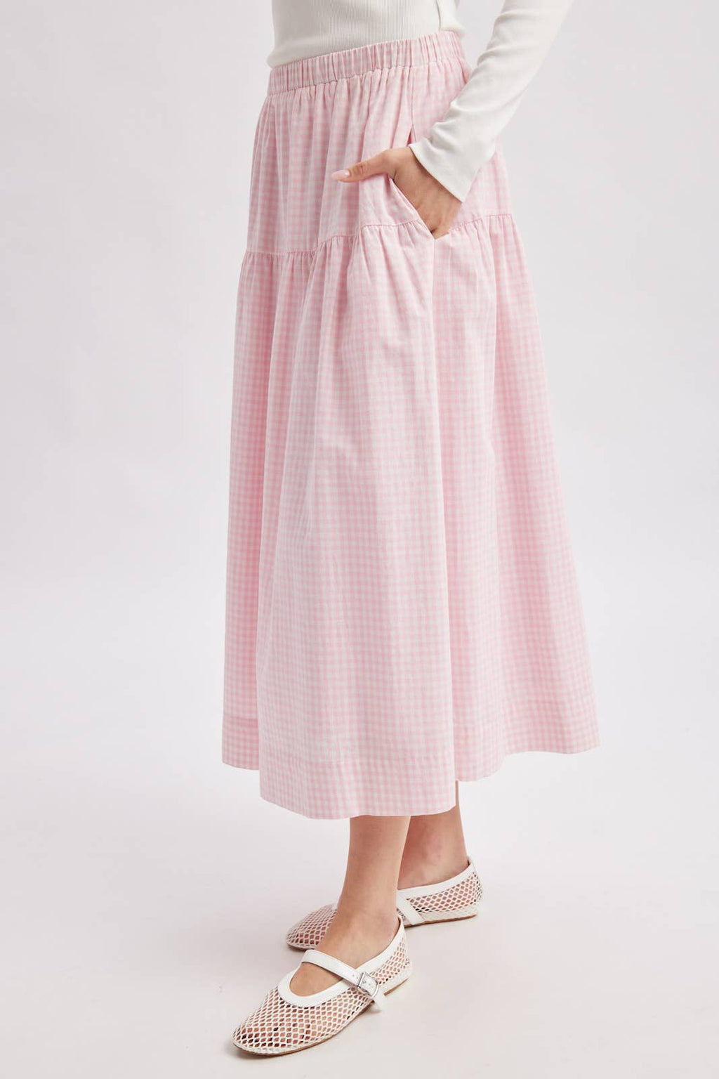 GINGHAM TIERED MAXI SKIRT