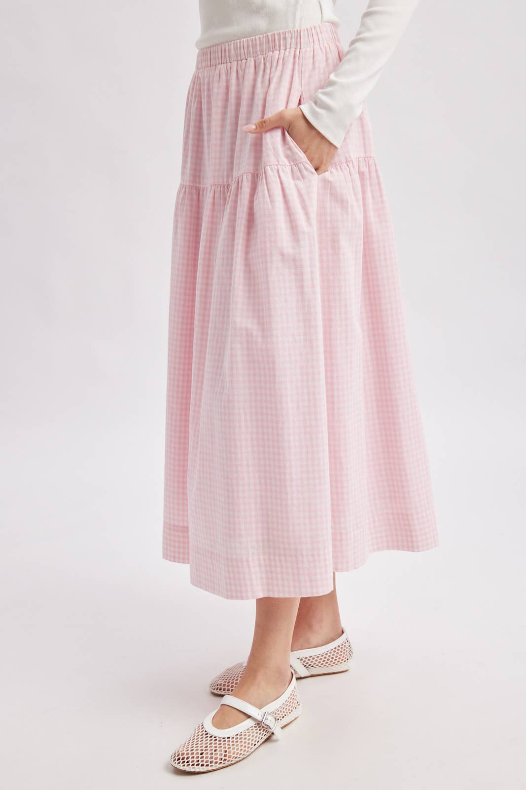 GINGHAM TIERED MAXI SKIRT