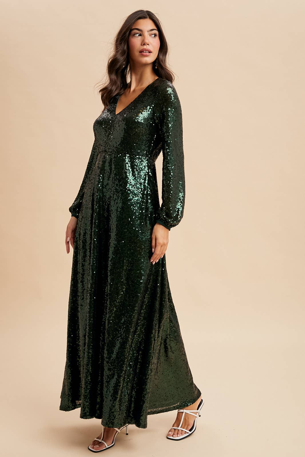 SEQUIN V NECK MAXI DRESS