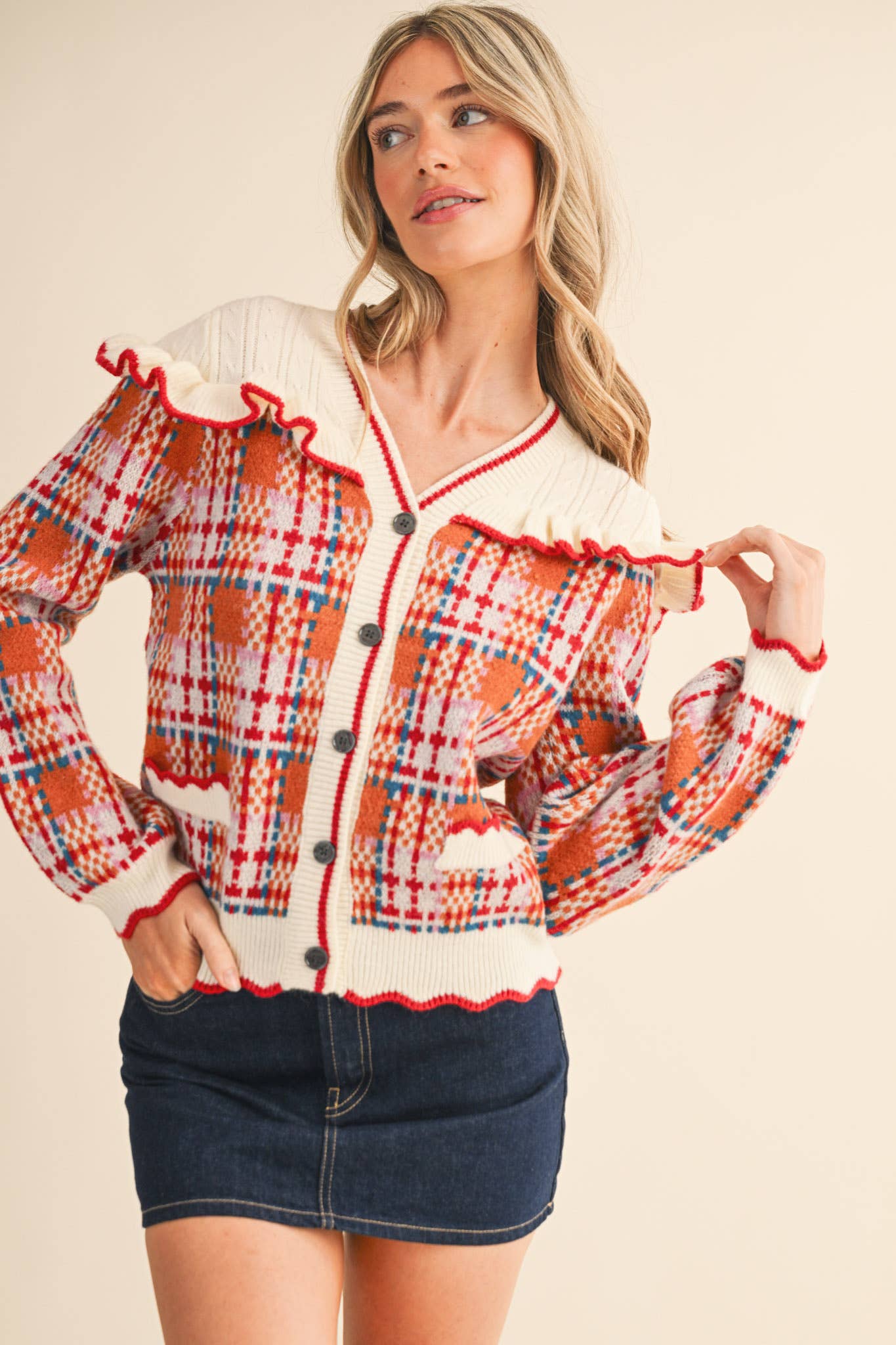 RUFFLED YOKE PLAID SWEATER CARDIGAN