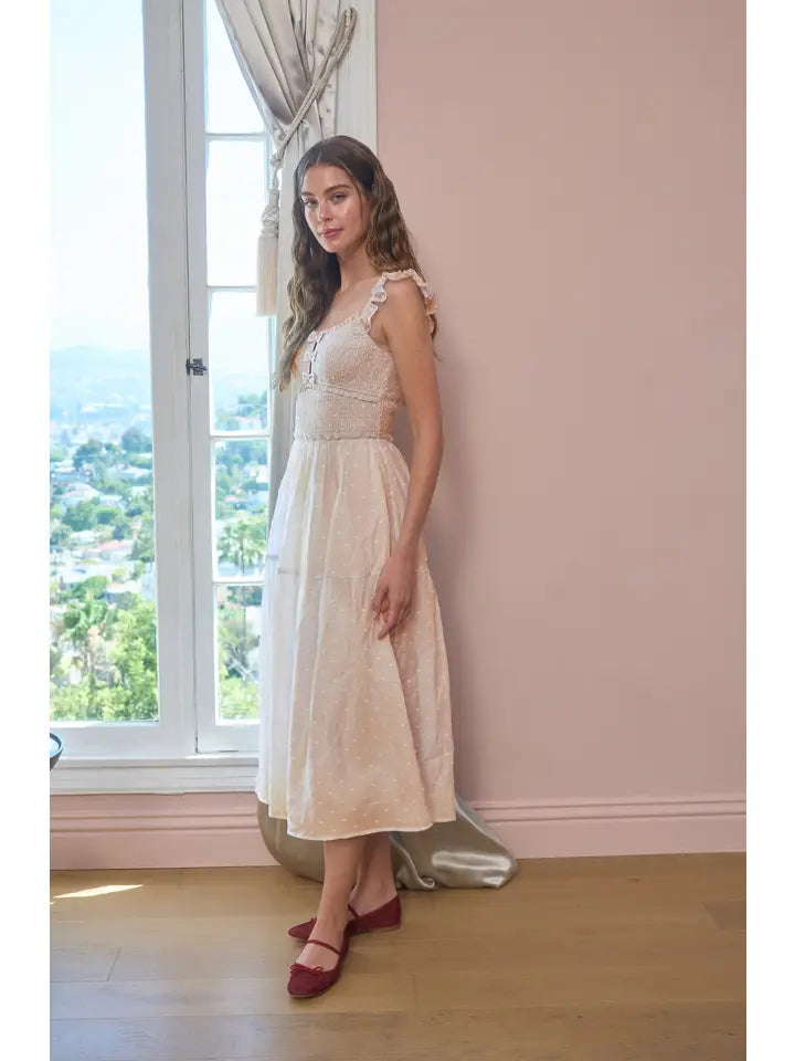 Clip Dot Ruffle Detail Smocked Midi Dress