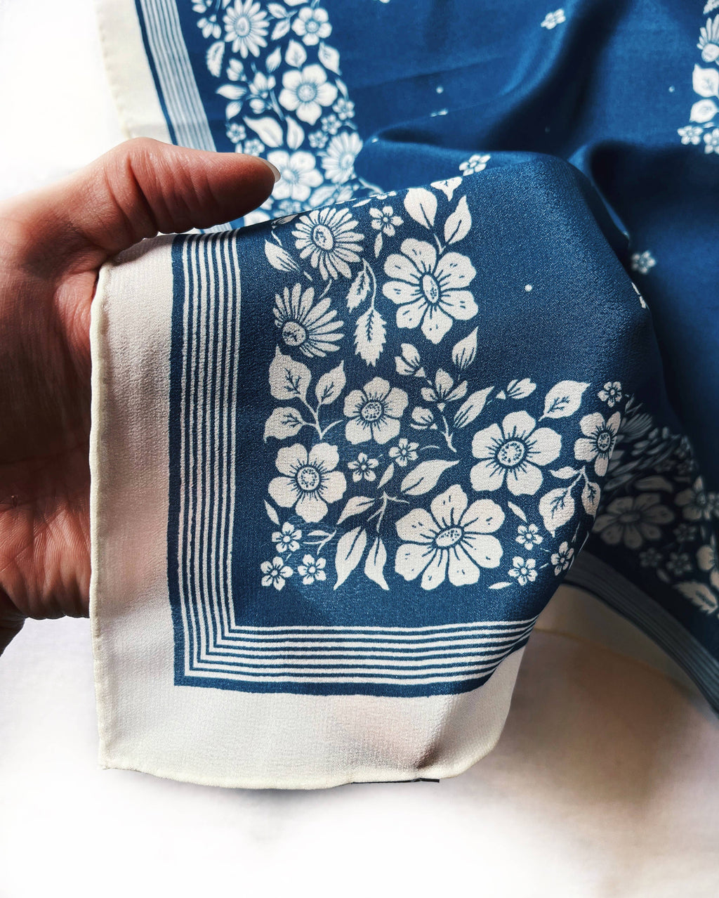 100% Silk Bandana Scarf -Santorini Floral China Blue Western