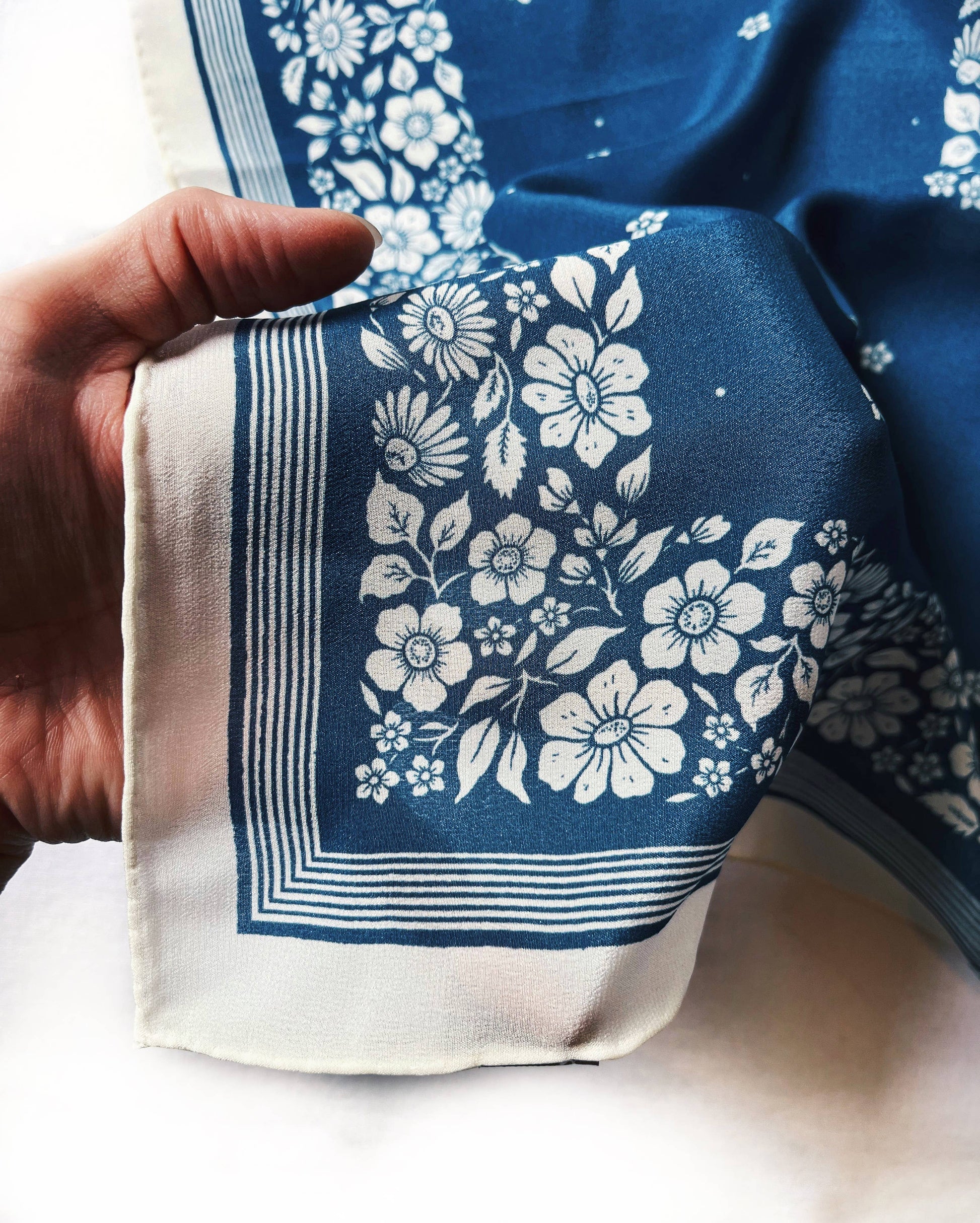 100% Silk Bandana Scarf -Santorini Floral China Blue Western