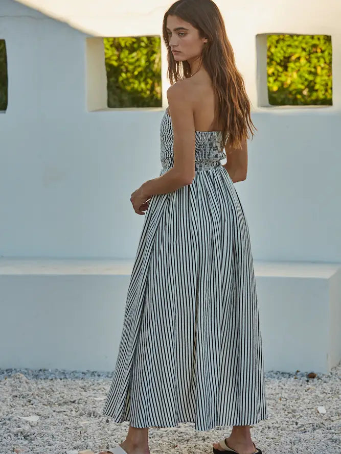 Striped Tube Neck Strapless Flare Maxi Dress