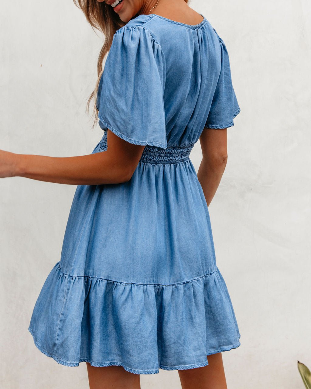 Chambray Split Neck Smocked Mini Dress - DOORBUSTER