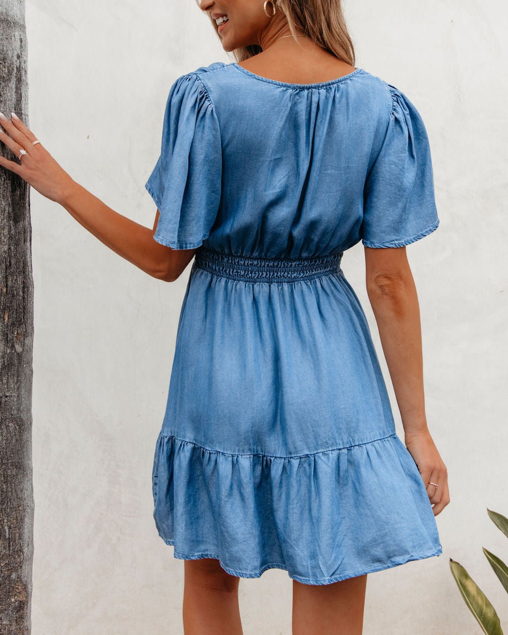 Chambray Split Neck Smocked Mini Dress - DOORBUSTER