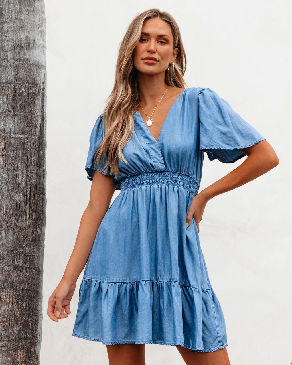 Chambray Split Neck Smocked Mini Dress - DOORBUSTER