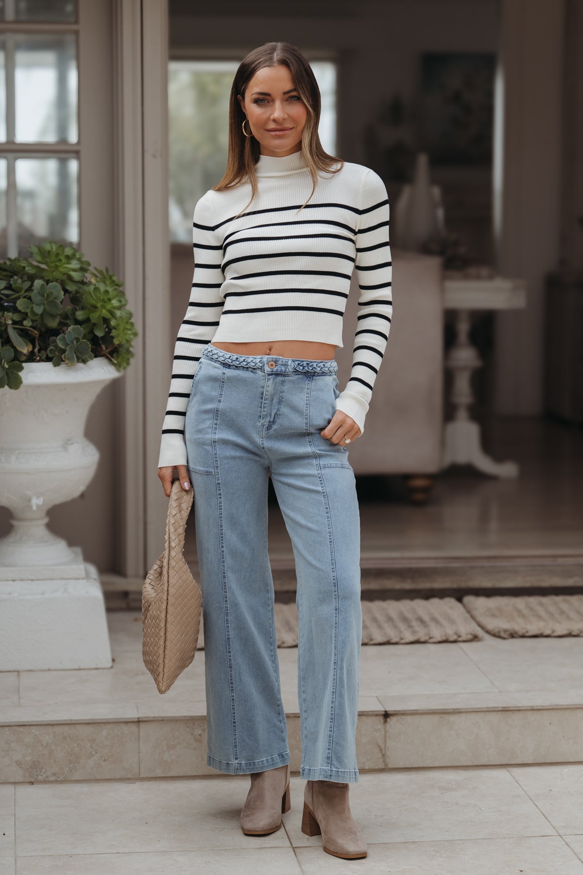 Cream and Black Striped Mock Neck Top - FINAL SALE
