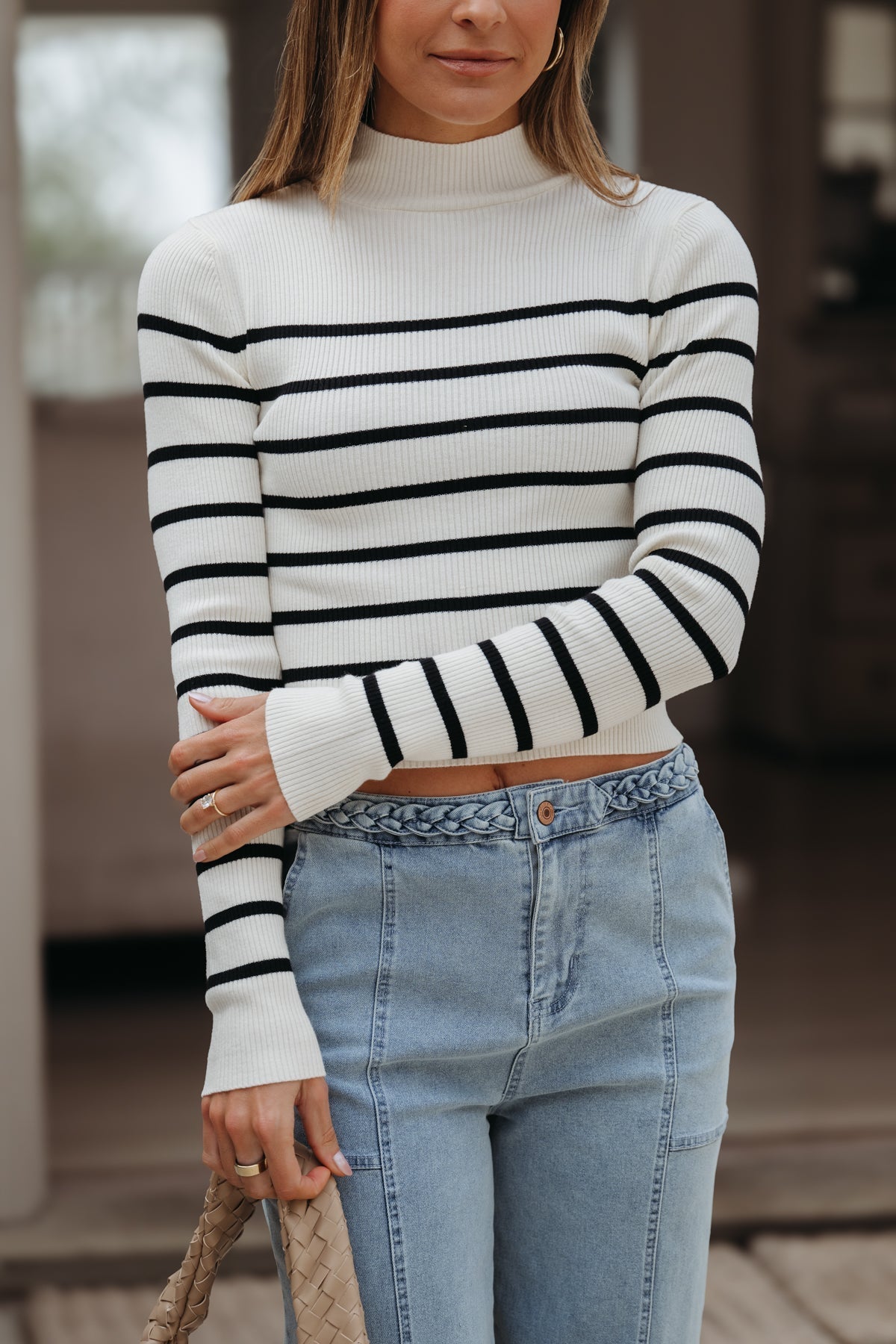 Cream and Black Striped Mock Neck Top - FINAL SALE