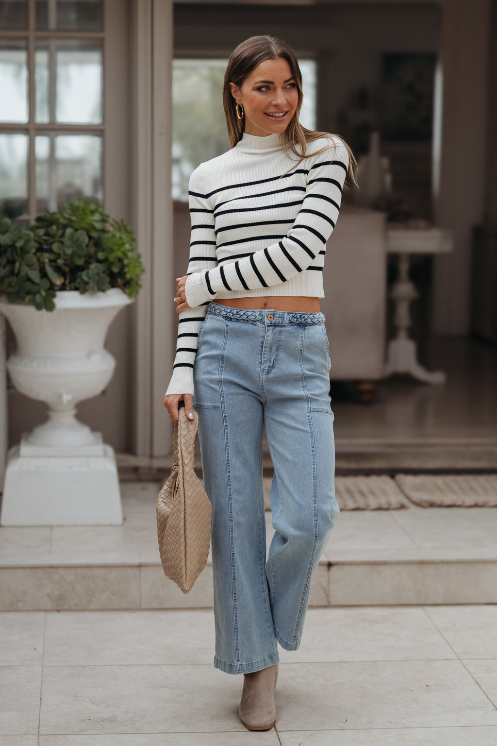Cream and Black Striped Mock Neck Top - FINAL SALE