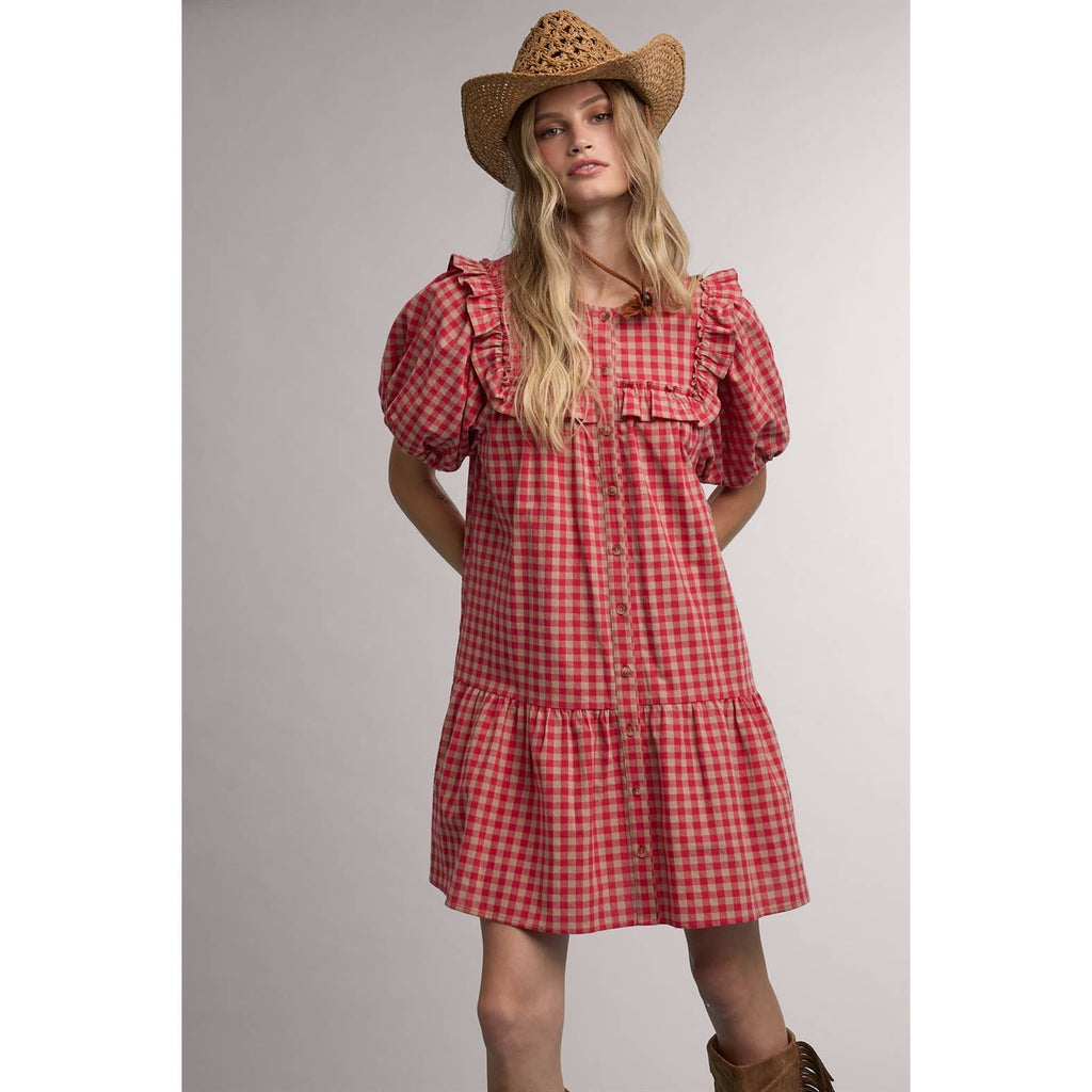 RUFFLE DETAIL GINGHAM MINI DRESS