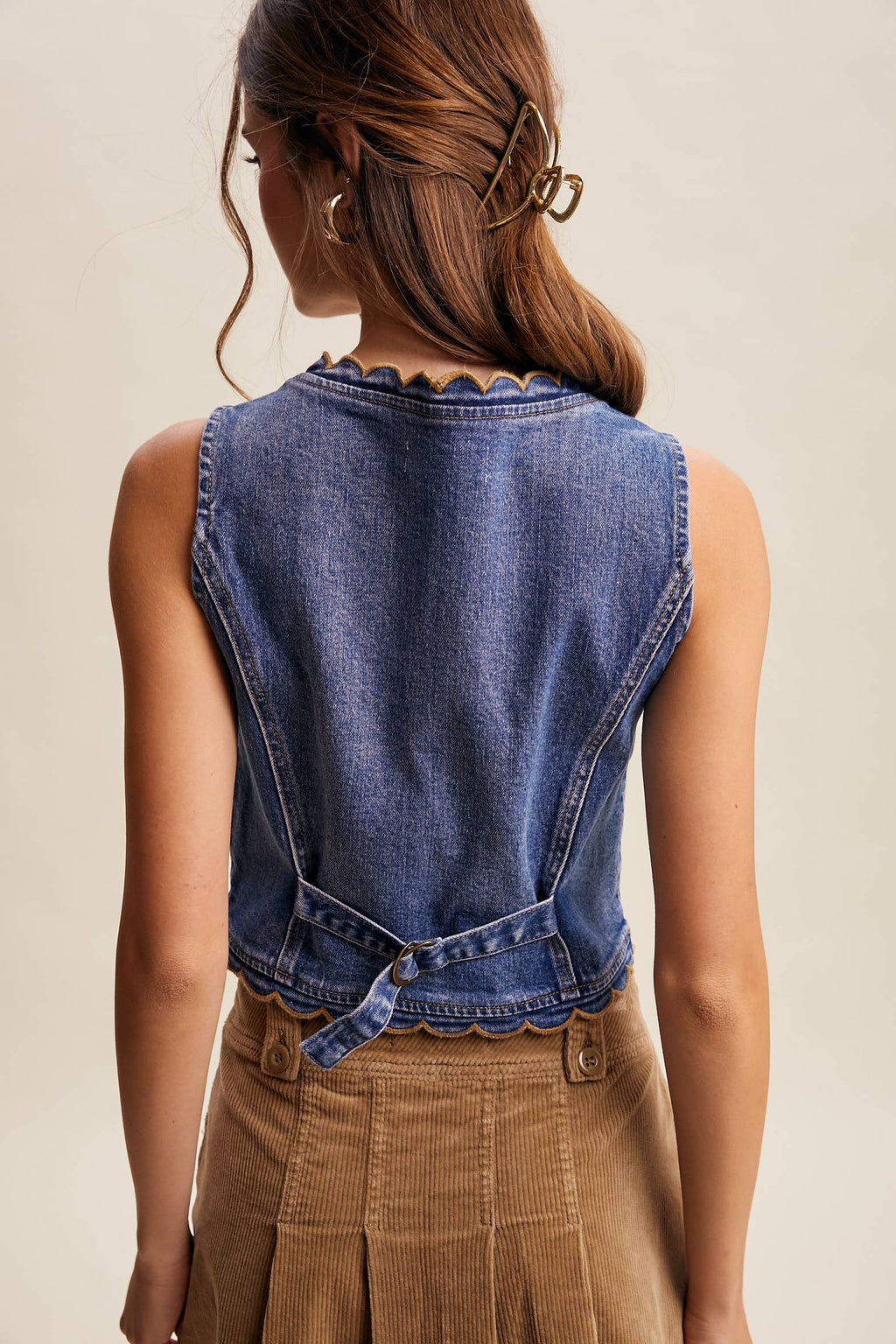 Scallop Trim Stretch Denim Vest