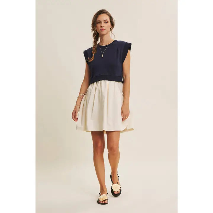SPORTY MIXED MEDIA DROP SHOULDER TERRY MINI DRESS- NAVY/VANILLA