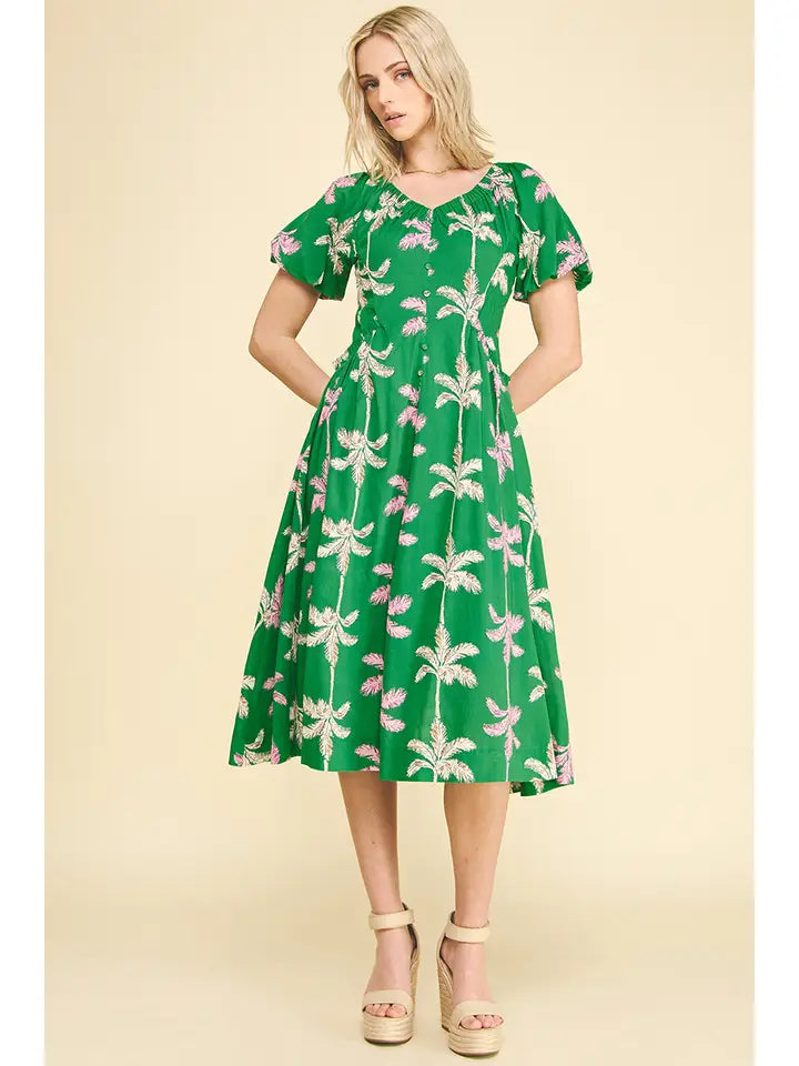 Palm Tree Print Button Down Midi Dress