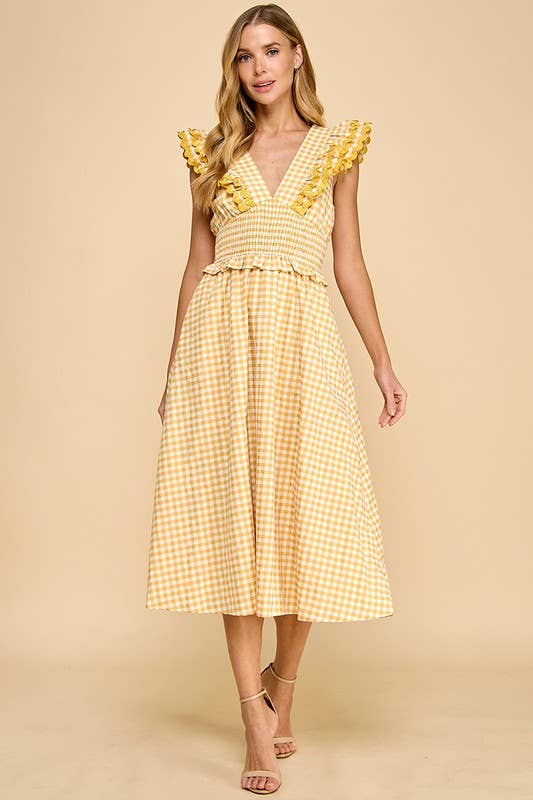 Gingham Ruffled V Neckline Midi Dress
