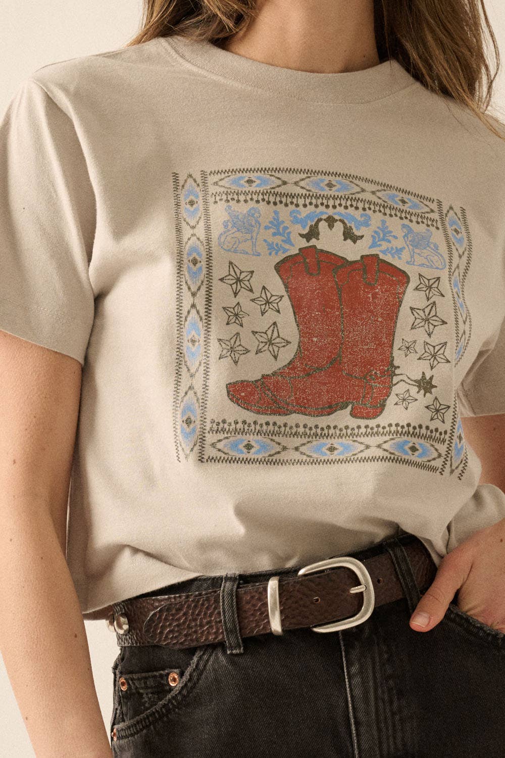 Promesa USA Western Cowboy Boots Graphic Tee - Vintage Garment Dyed T-Shirt