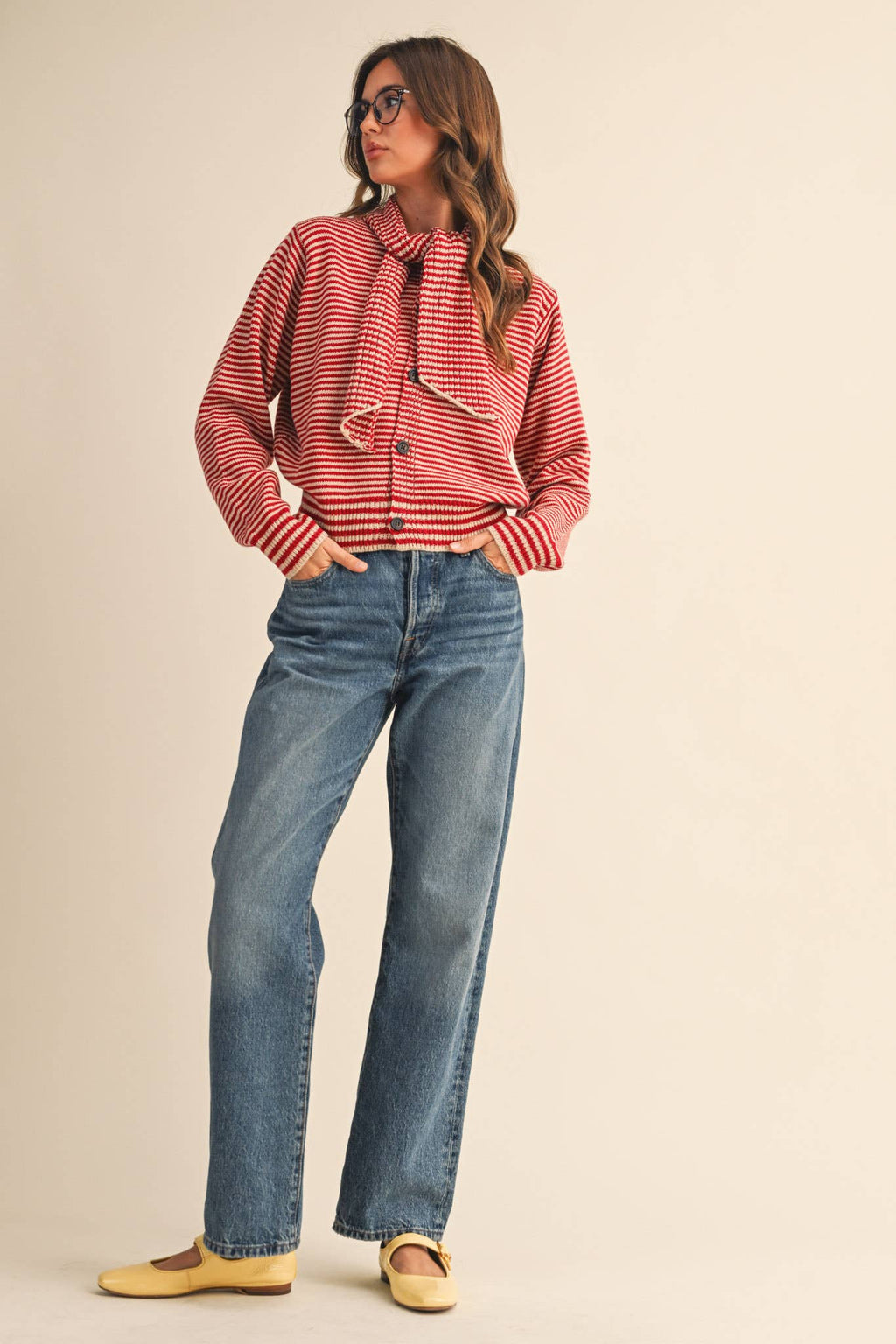 STRIPED TYING NECK SWEATER CARDIGAN MSW11125