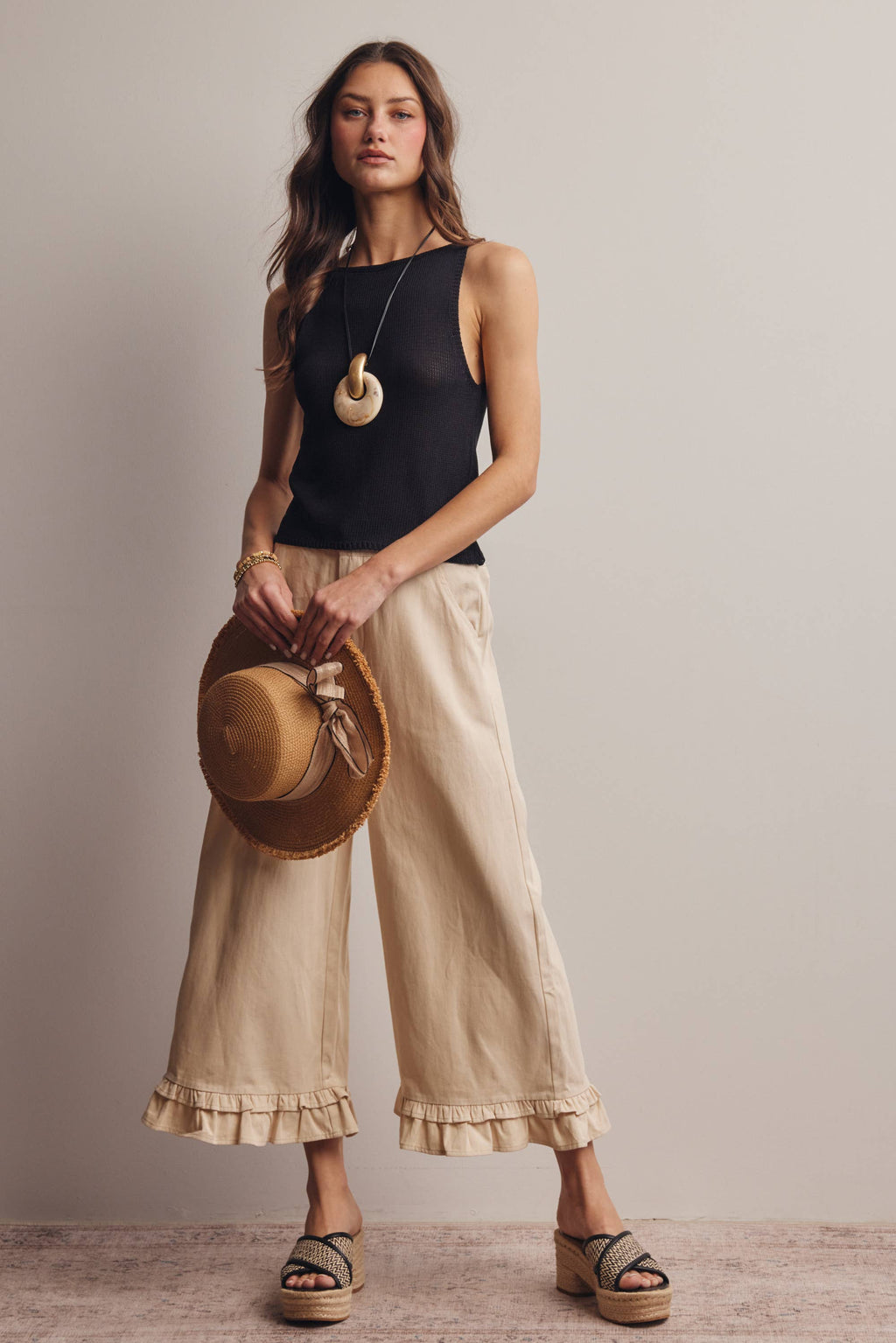 High-Waisted Wide-Leg Boho Pants with Ruffle Hem